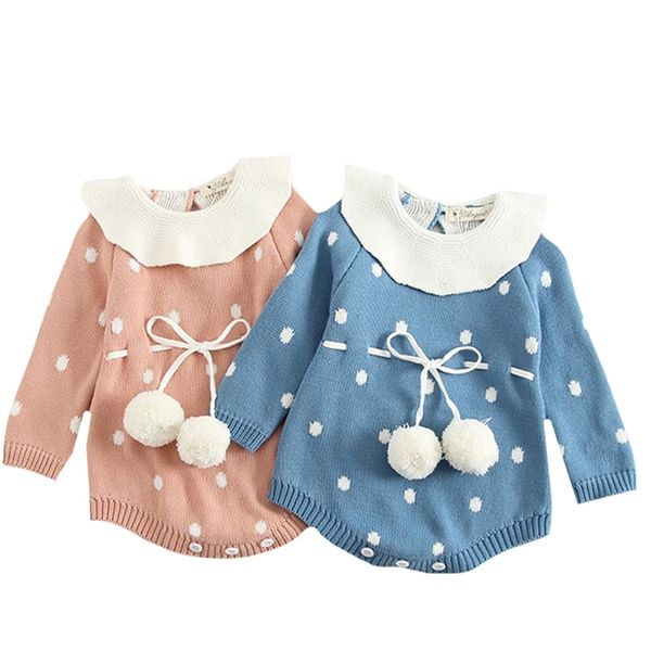 Herbst Gestrickte geboren Baby Strampler Langarm Woolen Pompom Infant Overall Für Mädchen Jungen Overalls Kleidung 210417