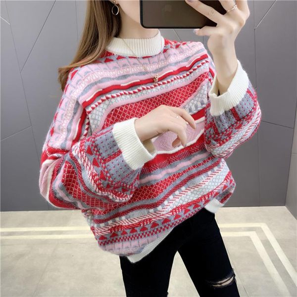 

women's sweaters 175295, room 8, row no.2, upper] real s striped geometric pattern color matching pullover sweater 53, White;black