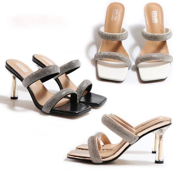 

sandals brand diamond women high heels large thin heel wedding party dress shoes zapatillas mujer pump slipper, Black