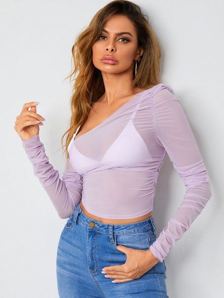 

solid ruched crop mesh without bra x0tp#, White
