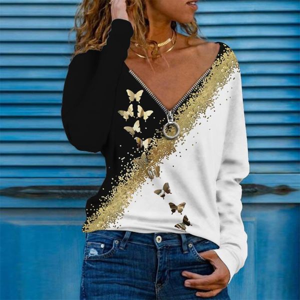 

women's t-shirt oversize polka dot graphic print women clothing 2021 autumn zipper v-neck long sleeve casual loose tee shirts ladie, White