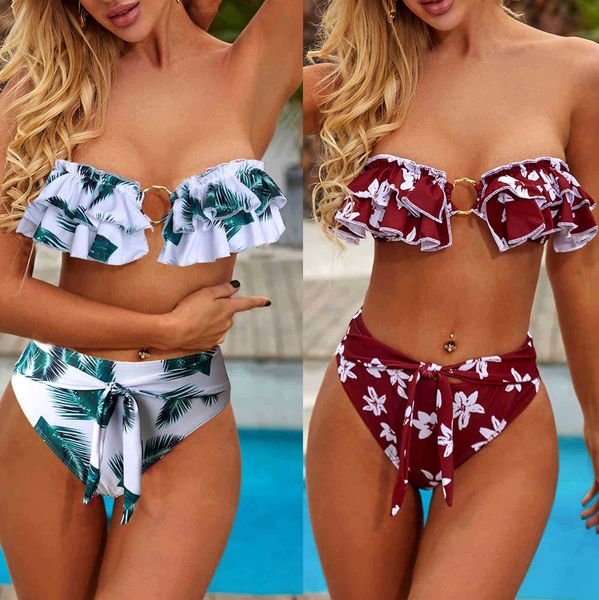 

women's swimwear flounce swimsuit solid metal ring bikini 2085, White;black