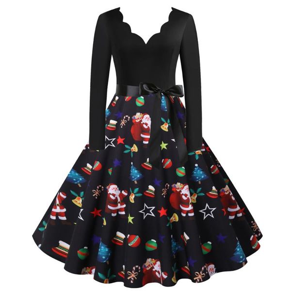 

casual dresses spring summer fall christmas santa claus ornaments print v neck bow long sleeve women ladies party short skater dress, Black;gray