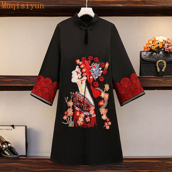 

women vintage chinese cheongsam dresses spring long sleeve ethnic style luxury embroidery elegant dress red 210428, Black;gray