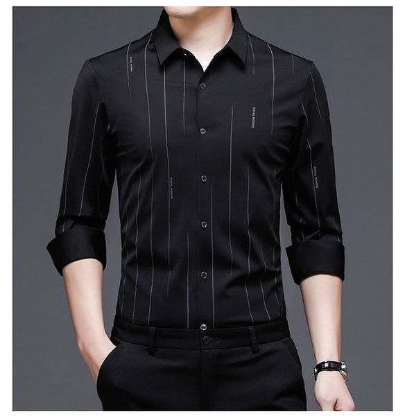 

2021 spring and autumn long sleeve busins men's stripe color matching shirt lapel cardigan, Black