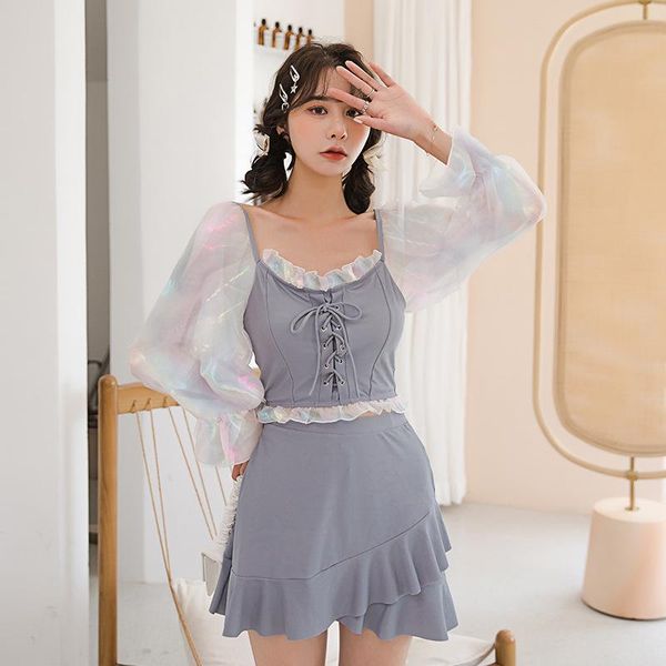 

one-piece suits swimsuit female 2021 summer conservative split skirt three piece set long sleeve slim student fairy model