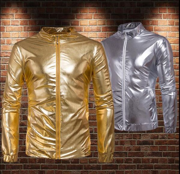 

fashion slim shirt men gold and silver glossy loose large size collar metal color teenage shirts mens jacket singer stage men's casual, White;black