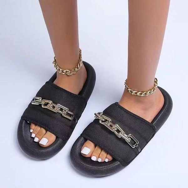 

slippers summer round head thick bottom oversize one font metal chain soft woman fashion casual, Black