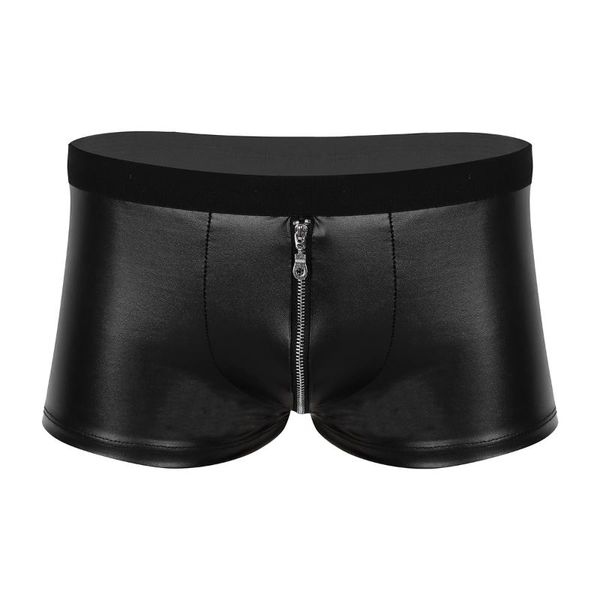 Mens cueca de luxo Lexury Lingerie Leather Wet Look Zipper Bolsa Bolsa de Baixa Low Rise Boxer Shorts Sexy Gavetas Tight Kecks Thong 7dft