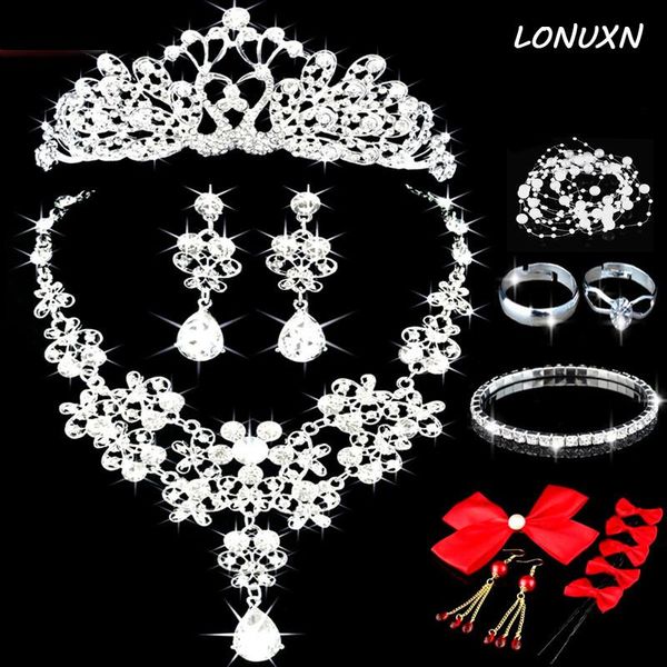 

earrings & necklace 11 styles + crown headdress jewelry set white cz water drop wedding bridal flowers shape girls women party, Silver