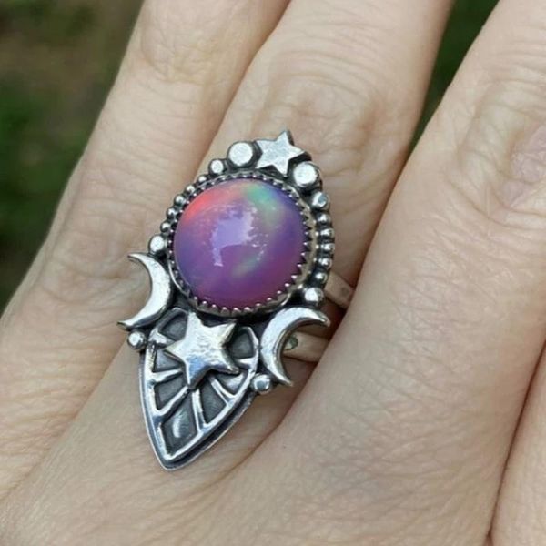 

wedding rings retro creative exaggerated star moon gradient opal for women vintage punk style engagement ring party jewelry gift, Slivery;golden