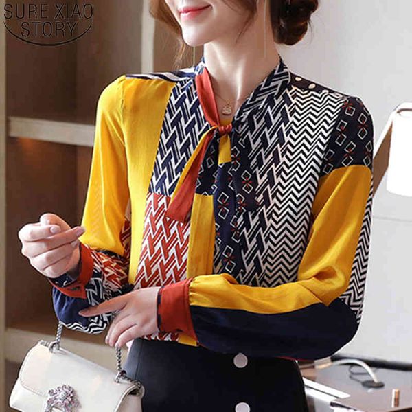 

harajuku fashion print blouses bow silk shirts autumn long sleeve shirt women blusas mujer de moda 10739 210417, White