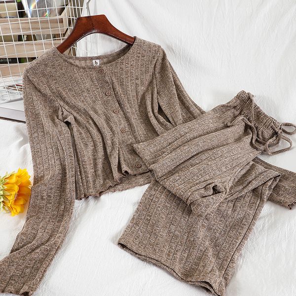 

korean autumn fashion suit women knit sweater straight wide leg pants two piece sets trousers casual two-piece female trend 210420, White