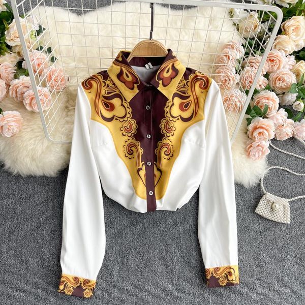 

women's t-shirt office 2021 golden print button casual turn-down collar loose blouse white shirt women long sleeve ladies blouses