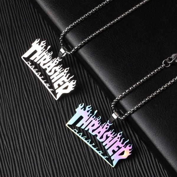 

chains fashion street hip-hop rock women's neck chain man stainless steel quenched letter magazine flame pendant necklaces gift, Silver