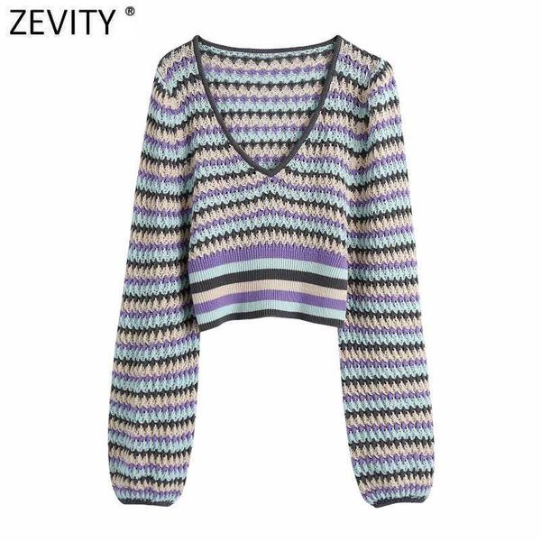 

zevity women fashion color matching hollow out crochet knitting sweater ladies v neck casual slim crop pullovers sw822 210603, White;black