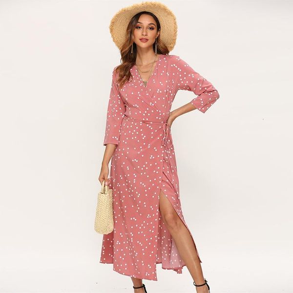 

casual dresses boho women polka dot long dress v neck split maxi party elegant three quarter sleeve lace up fashion 2nsa, Black;gray