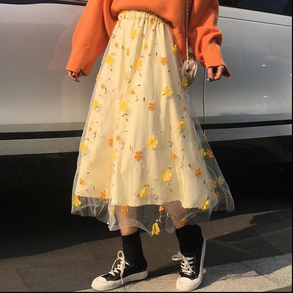 

yellow 3d flower lace women skirts skrit high waist mesh long elegant midi tulle skirt sweet cute student school saia, Black