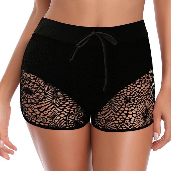 

women's swimwear lace boxer beach high waist shorts drawstring solid swim women trunks, White;black