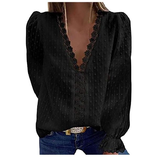 

women's blouses & shirts women lace white blouse elegant office ladies long sleeve casual v-neck solid color blusas y camisas chemise