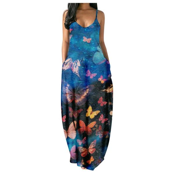 

casual dresses colorful butterfly stripe print sleeveless women summer o-neck long sundress with pokets plus size beach boho vestidos, Black;gray