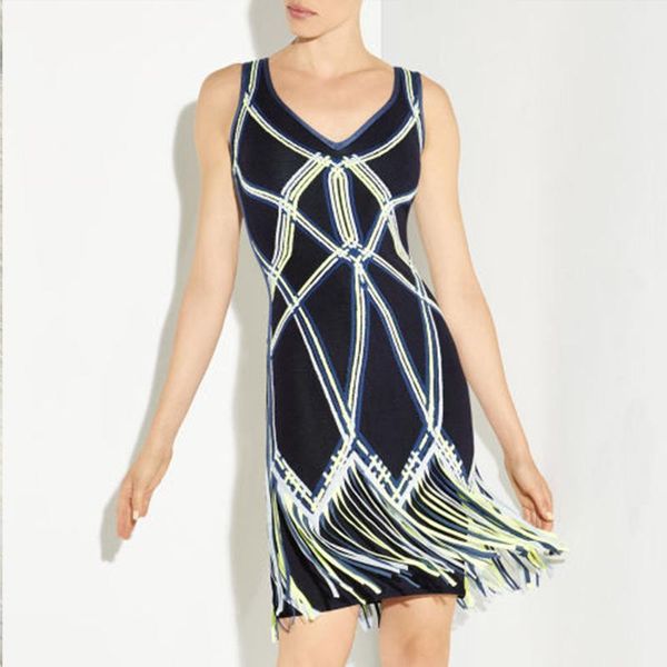 

casual dresses bandage dress tassel black jacquard striped fashion rayon women short club party designer runway, Black;gray
