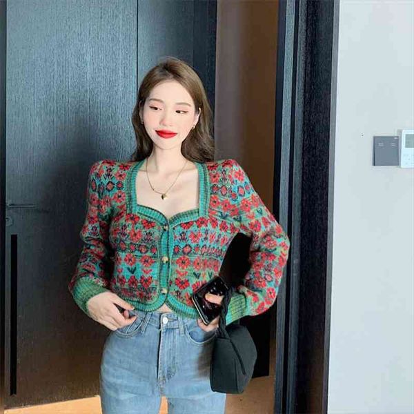 

women jacquard floral sweaters crop knitted cardigan coat ladies knitwear vintage square collar fashion all match female, White;black