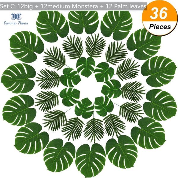 

set monstera plus palm leaves hawaii party 24pc/36pc/48pc plastic artificial tropical plant for table home garden decor decorative flowers &