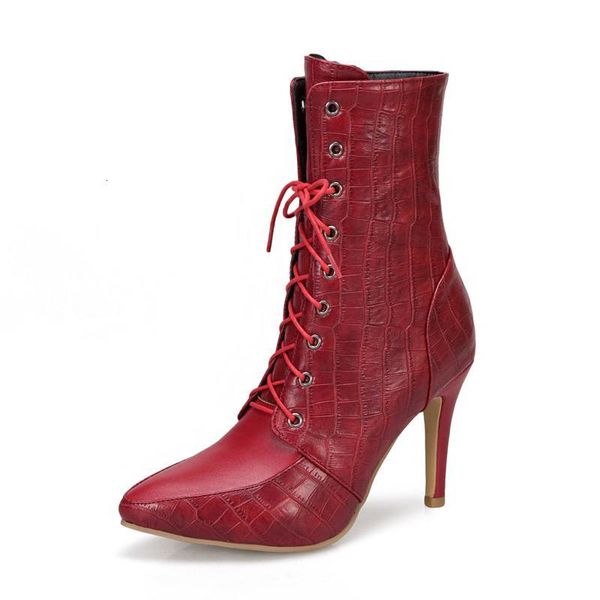 

boots thin heels short women stone pattern high shoes woman autumn winter lace-up pointed toe pumps wsh36811 uufe, Black