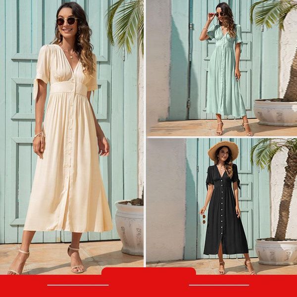 

party dresses fashion long summer2021 ladies v-neck lace up sleeve elegant dress for women single buttons soft thin green boho, White;black