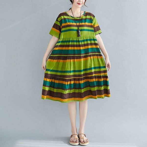 

women cotton linen casual dress new summer simple style o-neck striped loose female knee-length holiday dresses s3349 210412, Black;gray