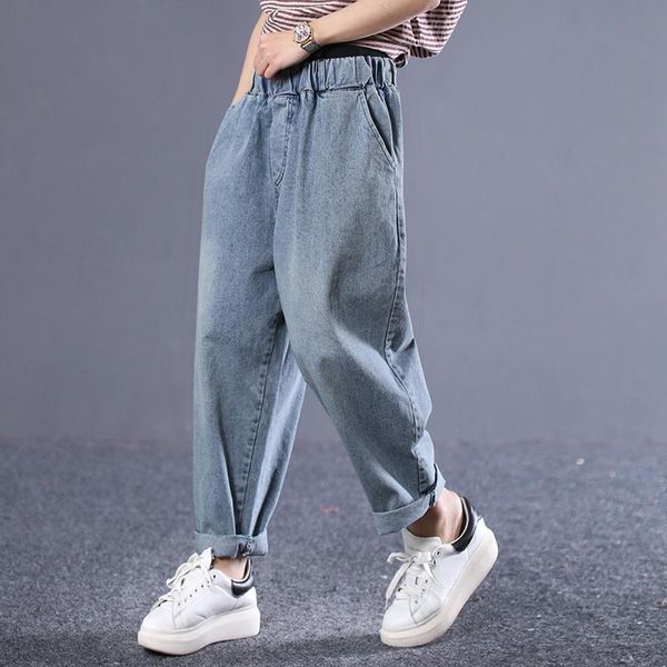 

women's jeans [ewq] 2021 spring summer pattern elastic patchwork denim pockets streetwear pants women fashion tide ae11905xl, Blue