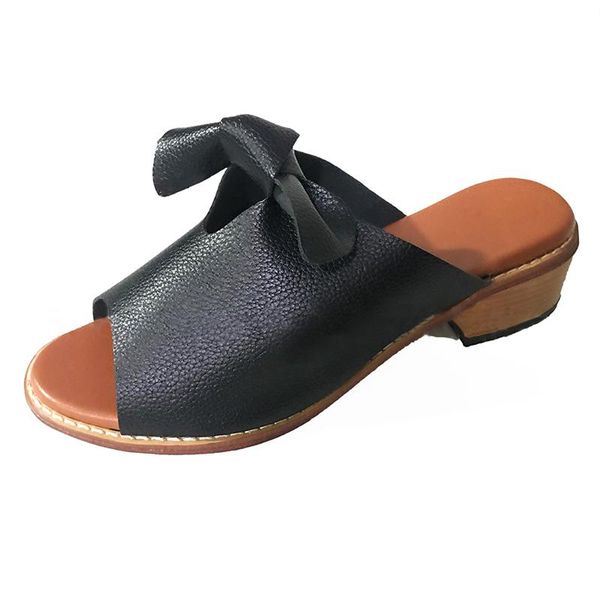 

slippers women peep toe female summer shoes sandasl high heels pu bowknot sewing plus size woman comfort slides 2021, Black