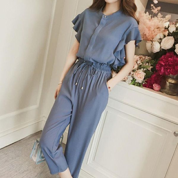 

women's polos 2021 summer solid lotus leaf sleeve two piece set female chiffon loose casual wide leg pants women suits plus size 3xl f2, White