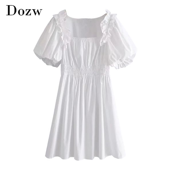 Mujeres dulce negro blanco vestido volantes Puff manga corta elegante elegante Mini cintura elástica plisado algodón es 210515