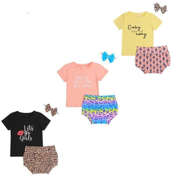 

clothing sets 3pcs born girls outfit summer sweet short sleeve round collar letter + leopard print/printing shorts bow headwear, White