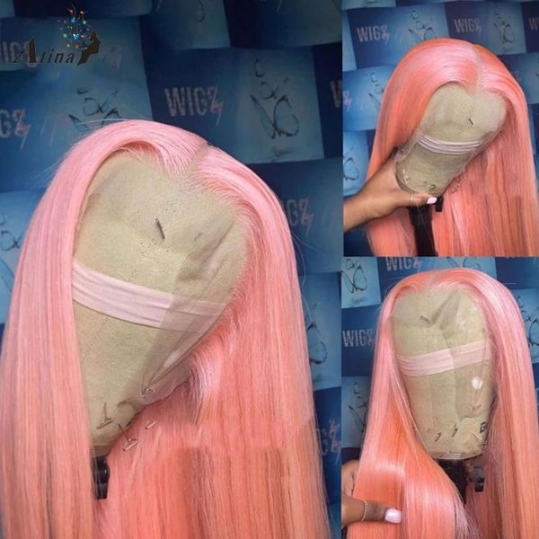 

lace wigs colored pink human hair remy straight 130% density transparent frontal hd wig for black women brazilian 26in, Black;brown