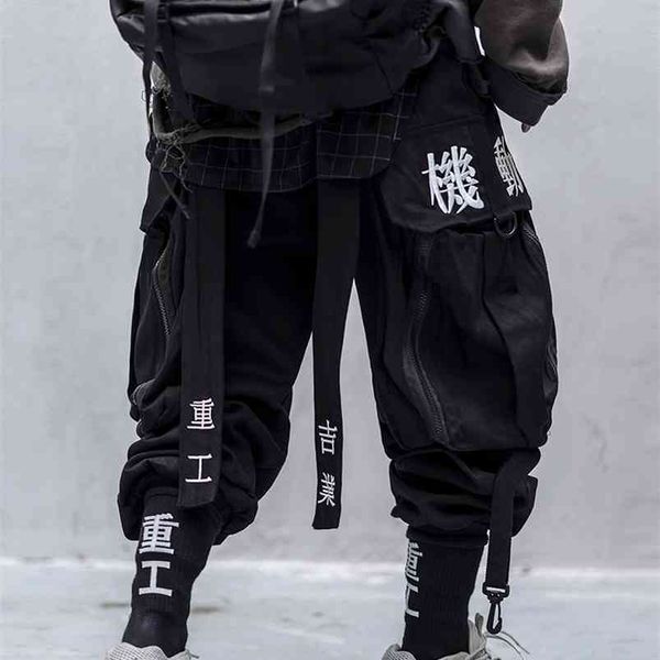 Japonês Streetwear Techwear Carga Calças Para Homens Baggy Largura Perna Bocja Preto 210715