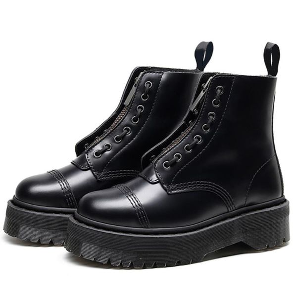 

boots women platform increasing ladies genuine leather boot female motorcycle 2021 winter height ankle zapatos mujer shoes, Black