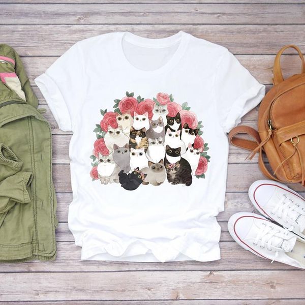 

men cat flower clothing t shirts floral kawaii 90s animal fashion print lady graphic shirt female tee, White;black