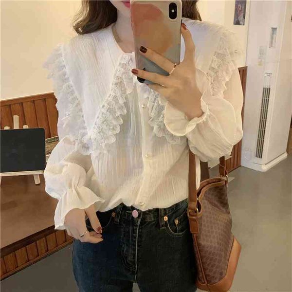 Comelsexy Chic Camisa Vintage Peter Pan Collar Primavera Lace Sólida Moda Solta Todos Match Casual Streetwear Blusas 210515