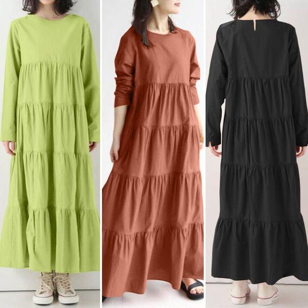 

women's autumn sundress elegant solid ruffle dress bohemian causal long sleeve maxi vestidos female hollow robe plus size casual dresse, Black;gray