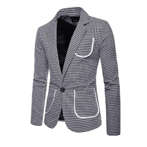 

men's suits & blazers stylish casual slim fit houndstooth pocket patchwork formal one button suit blazer coat jacket men, White;black