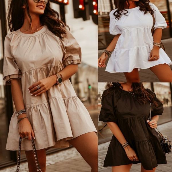 

women's clothing dresses 2021 summer women's round neck bubble sleeve skirt, Black;gray