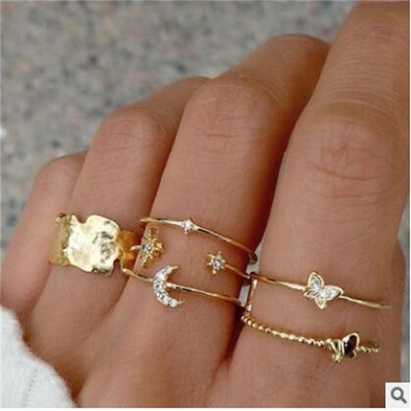 

52587 ring fashion diamond butterfly star moon joint ring set 6 pieces, Silver