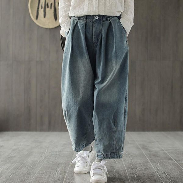 

women's pants & capris women wide leg denim trouser 2021 spring pockets blue vintage clothing loose fold jeans button 007, Black;white