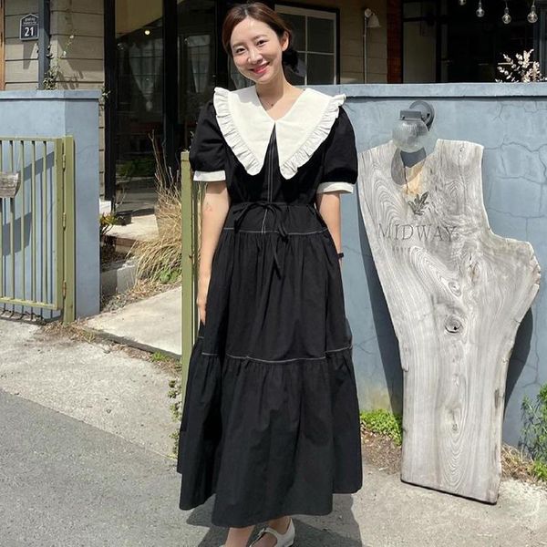 

casual dresses [ewq]2021 summer women doll collar lotus leaf contrast stitching design waist puff sleeve black belt robe dress fashion 16f09, Black;gray