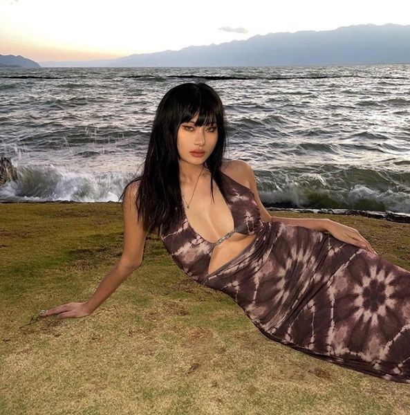 

back 2021 bandage hollow neck long open dress with thin hips, White;black