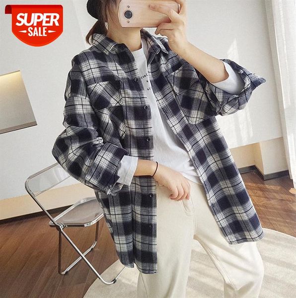 

li zhiqi student korean retro black and white brushed plaid shirt female loose spring mid-length coat 930662 #xq8n, Black;gray