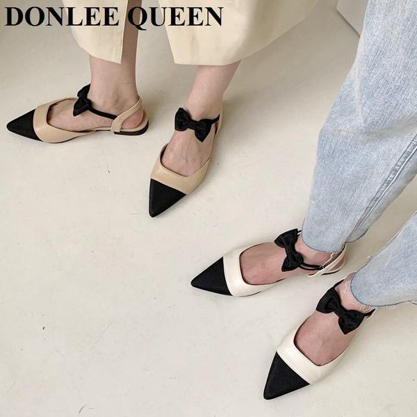 

sandals 2021 fashion pointed toe flat shoes women slingback elegant mules brand black/beige female ballet shoe zapatos mujer